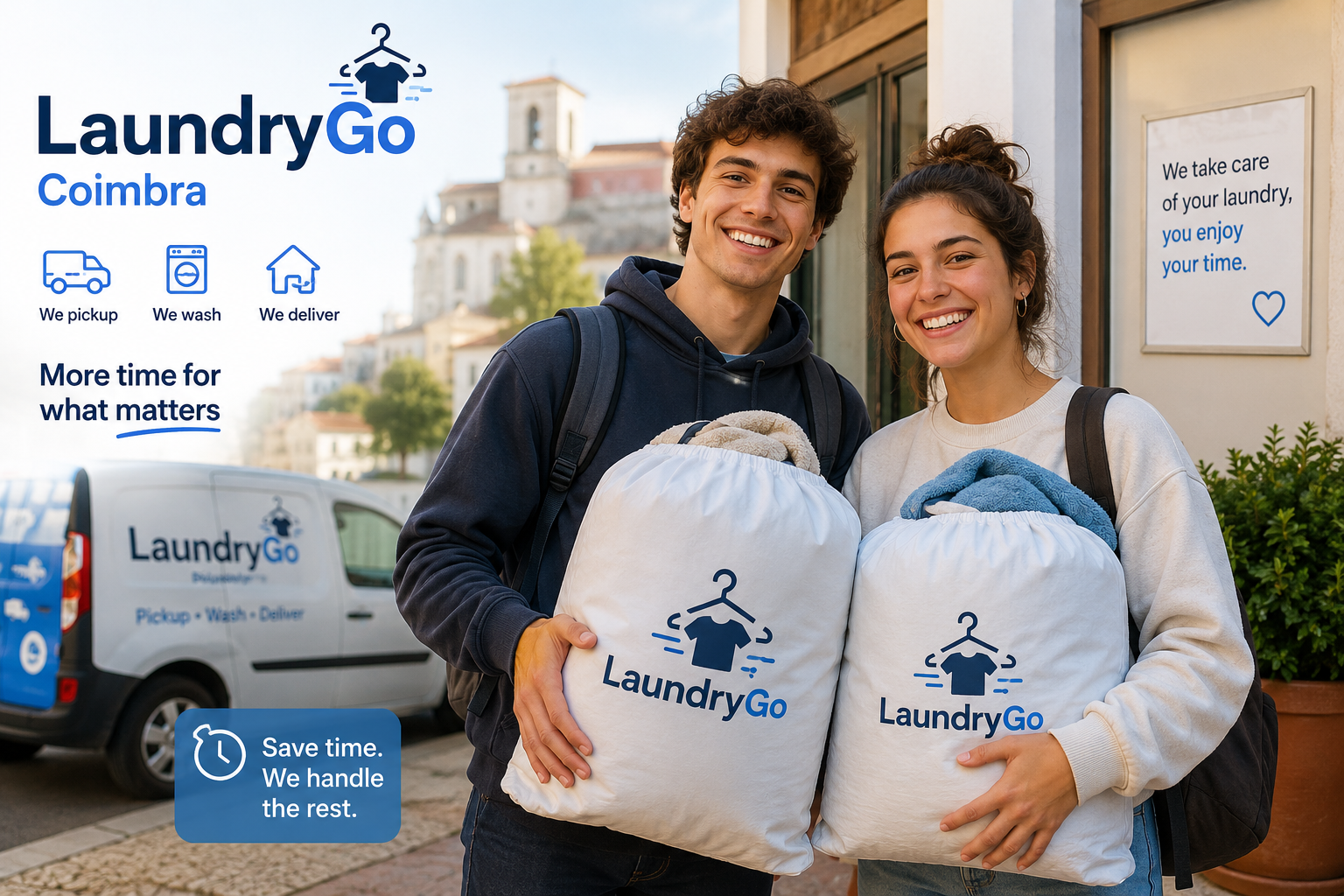 Happy students using LaundryGo Coimbra